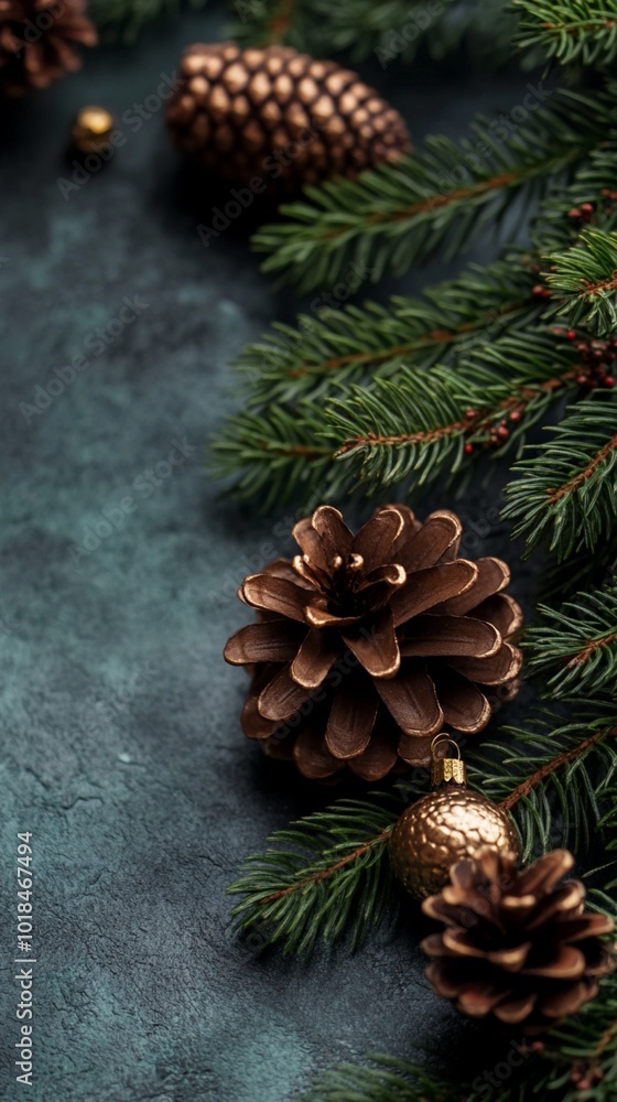 Festive winter composition with pine cones and fir branches on dark background. Natural Christmas decorations create cozy atmosphere for holidays. Festive winter composition with pine cones and fir branches on dark background. Natural Christmas decorations create cozy atmosphere for holidays.