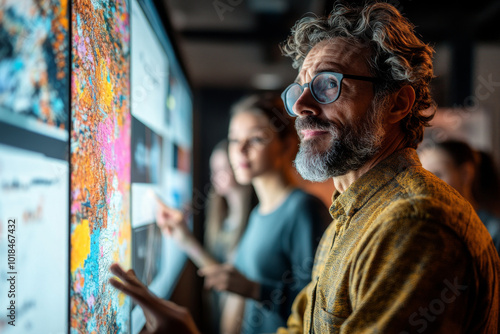 A group of colleagues analyze data displayed on a large screen.