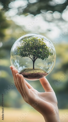 Miniature tree encapsulated in a delicate glass sphere, balanced on fingertips against a soft, dreamy bokeh background, symbolizing nature conservation.