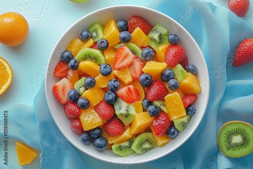 Delicious Fresh Sweet Mix Fruit Salad in a White Bowl on a Blue, Teal Tablecloth Mixed with Sliced Berries, Kiwi, Mango, and Orange Healthy Clean Suitable for Food and Health and Lifestyle Content