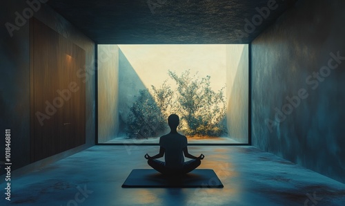 Person meditating in a room with a window view.