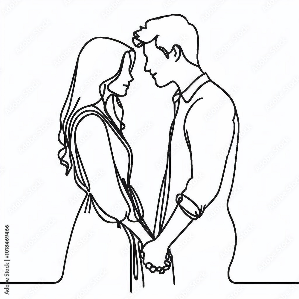 Minimalistic drawing of a couple stands close together, holding hands and gazing into each other's eyes with affection Minimalistic drawing of a couple stands close together, holding hands and gazing into each other's eyes with affection