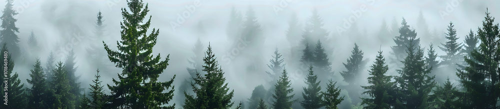 A dense pine forest shrouded in mist, creating an ethereal and mysterious atmosphere. The trees stand tall against the backdrop of soft white fog, adding depth to the scene A dense pine forest shrouded in mist, creating an ethereal and mysterious atmosphere. The trees stand tall against the backdrop of soft white fog, adding depth to the scene