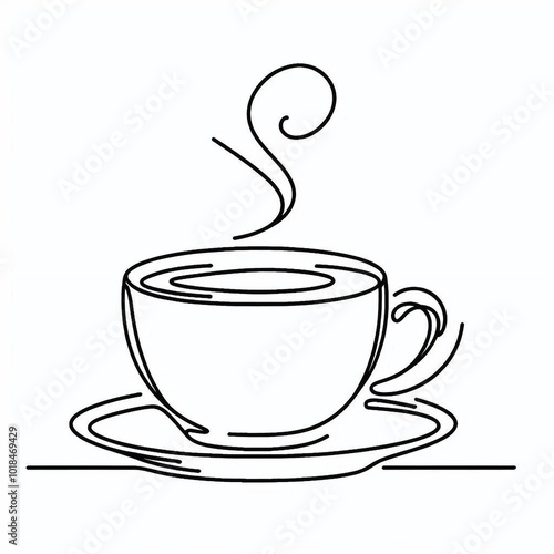 Elegant line art depicting a coffee cup on a plate with a swirl of steam