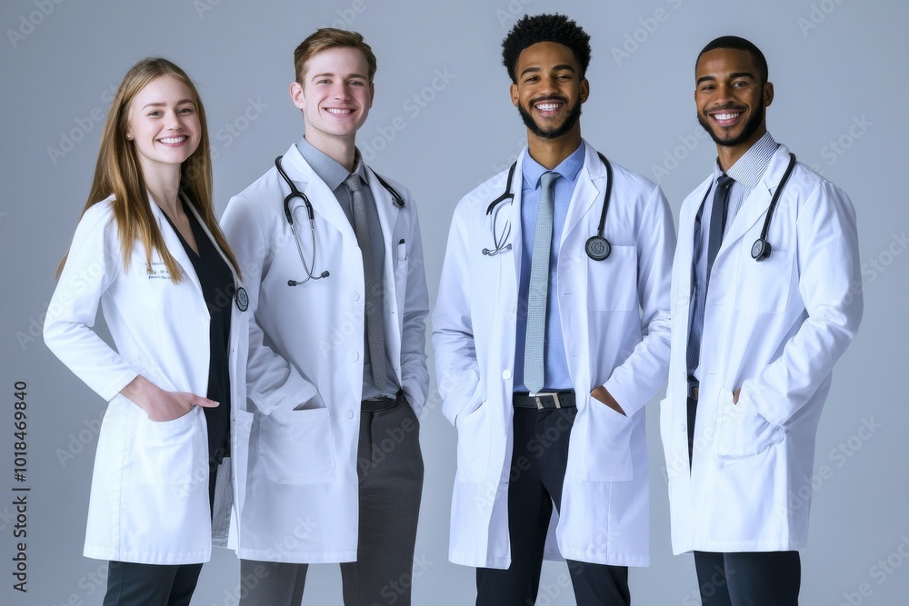 Group of Young Medical Professionals in White Coats Symbolizing Teamwork and Dedication Group of Young Medical Professionals in White Coats Symbolizing Teamwork and Dedication