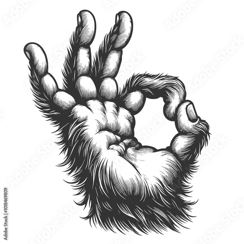 Monkey animal hand with ok gesture sketch engraving vector illustration. Good sign. Scratch board style imitation. Hand drawn style generative ai image.
