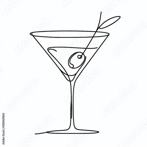 A one-line sketch of a martini glass with an olive, representing a refined and classic cocktail style