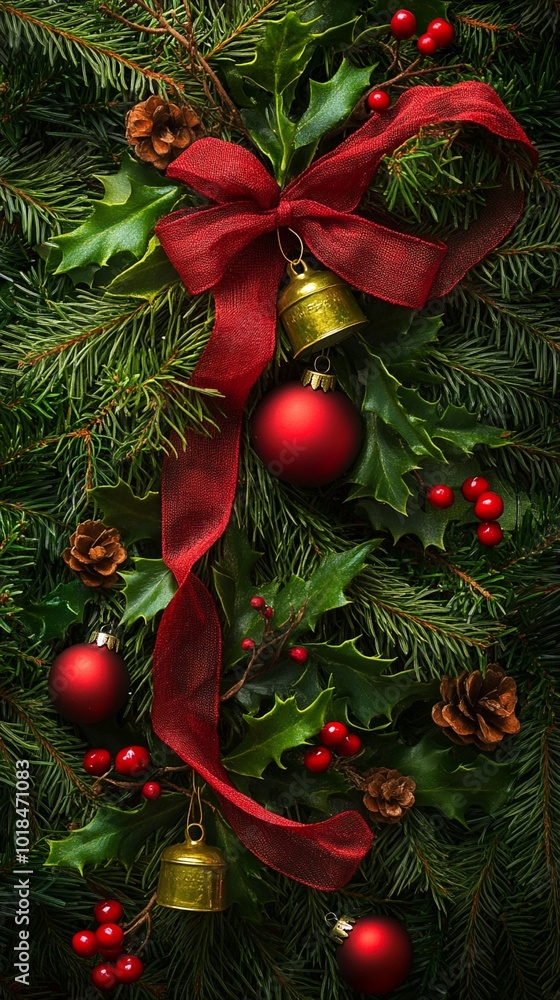 Festive Christmas decoration with lush evergreen branches, vibrant red ribbon, golden bells, and shiny ornaments creating a classic holiday ambiance. Festive Christmas decoration with lush evergreen branches, vibrant red ribbon, golden bells, and shiny ornaments creating a classic holiday ambiance.