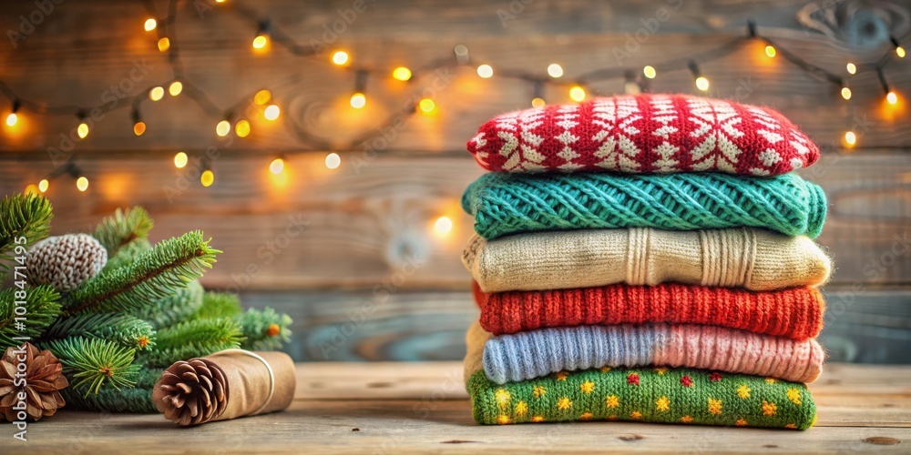 Naklejka premium A stack of cozy sweaters against a backdrop of warm, twinkling lights and a sprig of evergreen with pine cones, evoking a sense of winter warmth and festivity.