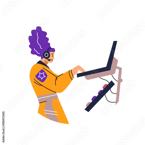 Illustration of a female astronaut in a protective suit at a computer wearing a headset.