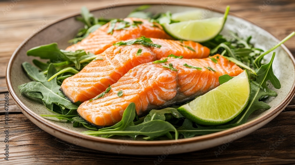 Succulent grilled salmon fillets served on a bed of fresh arugula, garnished with zesty lime wedges and herbs, presented on a rustic ceramic plate. Succulent grilled salmon fillets served on a bed of fresh arugula, garnished with zesty lime wedges and herbs, presented on a rustic ceramic plate.