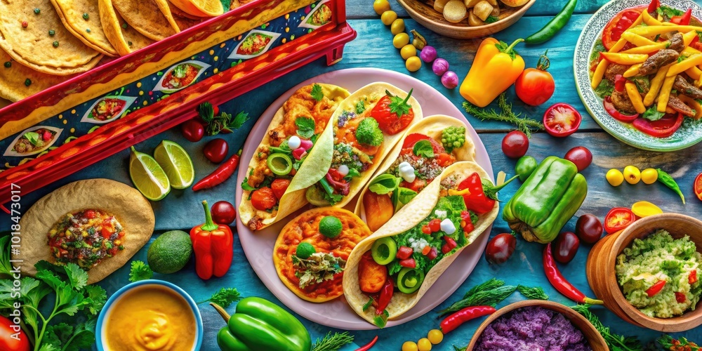 Fototapeta premium A bustling Mexican truck food setting serving mouthwatering tacos, hearty burritos, and vibrant ingredients, all prepared and ready to tantalize the taste buds.