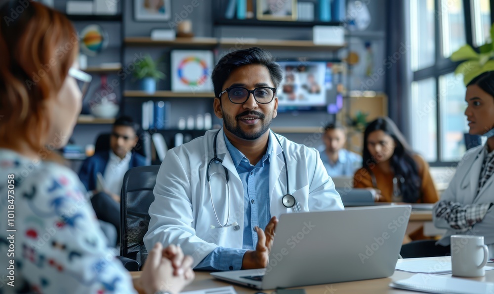 Young Indian medical team leader presenting job application on laptop to colleagues. Diverse doctors meeting at computer, talking on group video call, looking at screen, speaking, listening Young Indian medical team leader presenting job application on laptop to colleagues. Diverse doctors meeting at computer, talking on group video call, looking at screen, speaking, listening