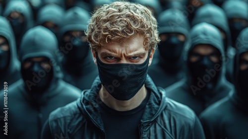 A young man with curly blond hair stands in front of a crowd of people wearing black masks and hoodies. The man is staring directly at the camera with a serious expression.