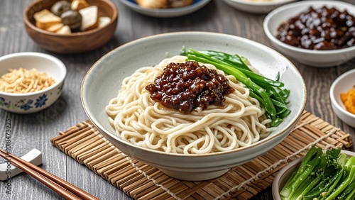 Korean Zhajiangmian, meat paste, green vegetables noodles, delicious food, pasta, food, food, nutrition, healthy diet photo