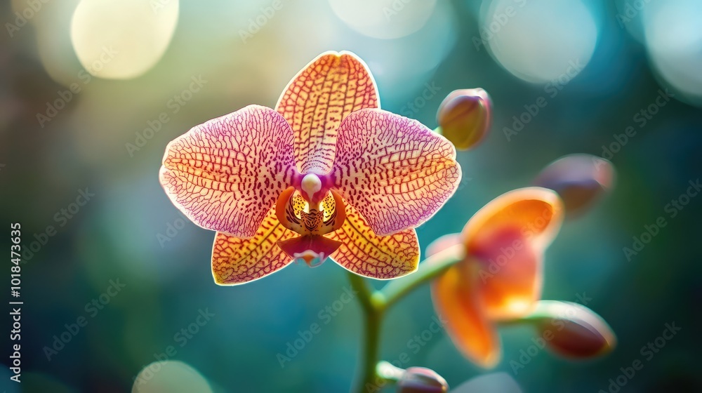 Detailed view of a blooming orchid, capturing the unique patterns and colors of its petals against a blurred background Detailed view of a blooming orchid, capturing the unique patterns and colors of its petals against a blurred background