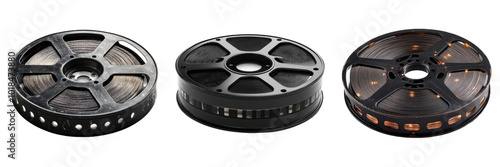 Film reel isolated on a transparent background perfect for entertainment-themed illustrations or cinema designs.