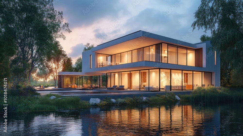 Modern minimalist house by the river, architecture 3d Rendering, AI generated image Modern minimalist house by the river, architecture 3d Rendering, AI generated image
