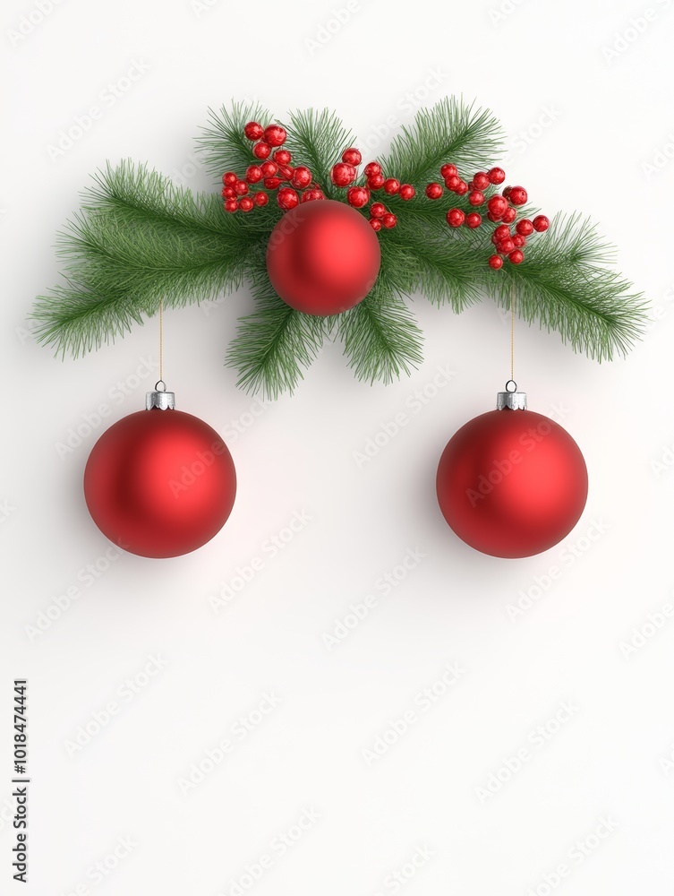 red Christmas baubles hanging from strings on a clean white background with delicate decorations. red Christmas baubles hanging from strings on a clean white background with delicate decorations.