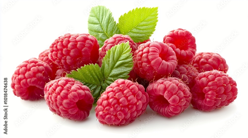 Fresh, ripe raspberries with vibrant green leaves scattered among them, showcasing the fruit's luscious texture and bright red color on a white background. Fresh, ripe raspberries with vibrant green leaves scattered among them, showcasing the fruit's luscious texture and bright red color on a white background.