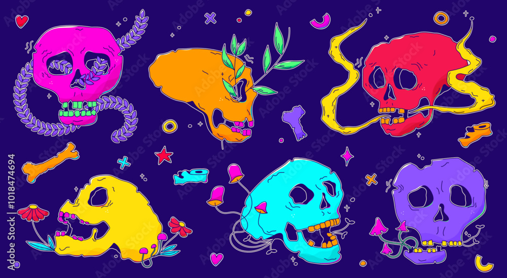 Color doodle groovy scull stickers. Punk kawaii elements. Color doodle groovy scull stickers. Punk kawaii elements.