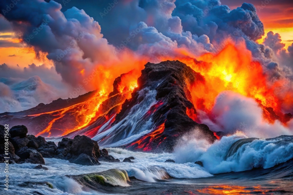 Fototapeta premium A powerful interaction of jet black and fiery red waves, creating a dramatic visual that mimics the raw energy and beauty of a volcanic eruption