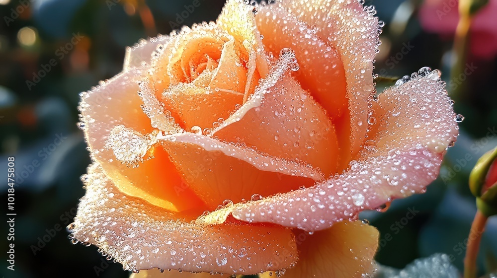 Macro shot of a dew-covered rose, showcasing delicate droplets on the petals glistening in the morning sun Macro shot of a dew-covered rose, showcasing delicate droplets on the petals glistening in the morning sun