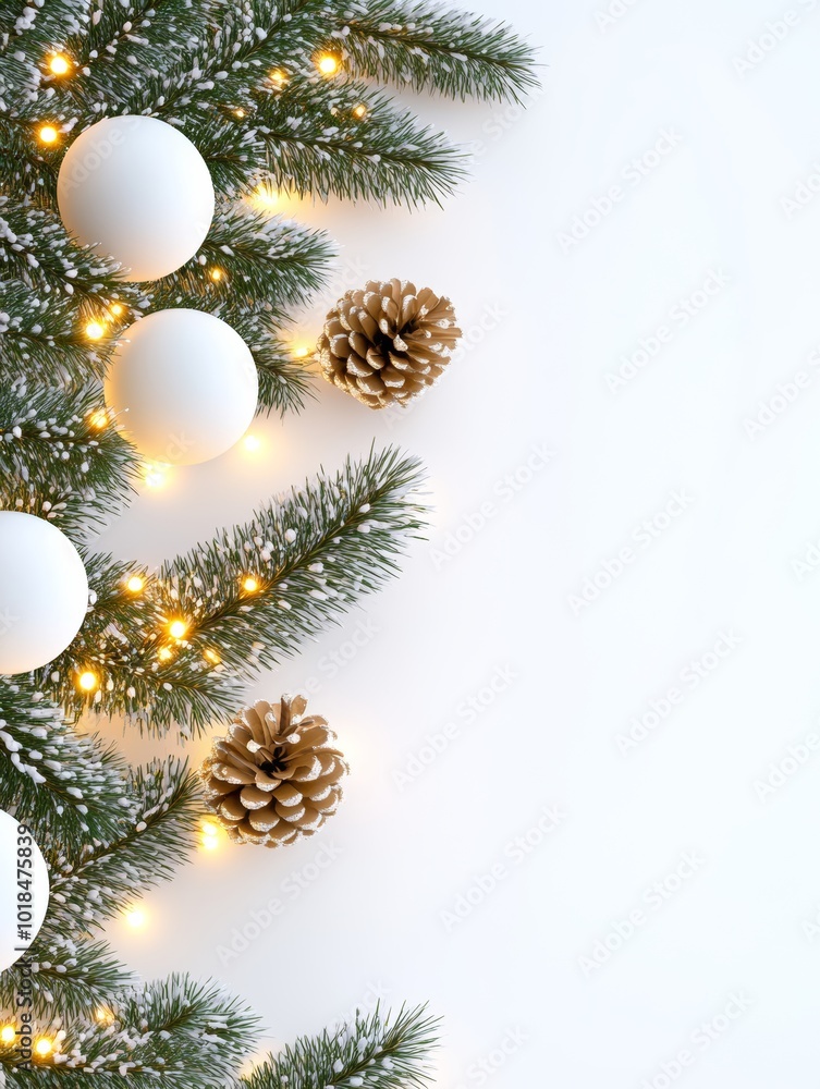 Festive Christmas evergreen branches with glowing lights framing a bright white background. Festive Christmas evergreen branches with glowing lights framing a bright white background.