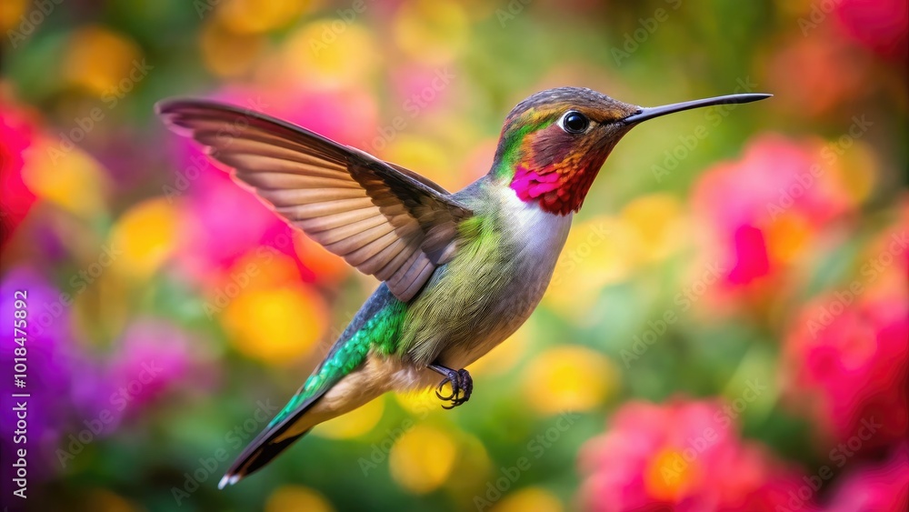 Fototapeta premium A dazzling hummingbird dances in mid-air, framed by a riot of colorful flowers in a garden, showcasing the beauty and tranquility of nature's setting.