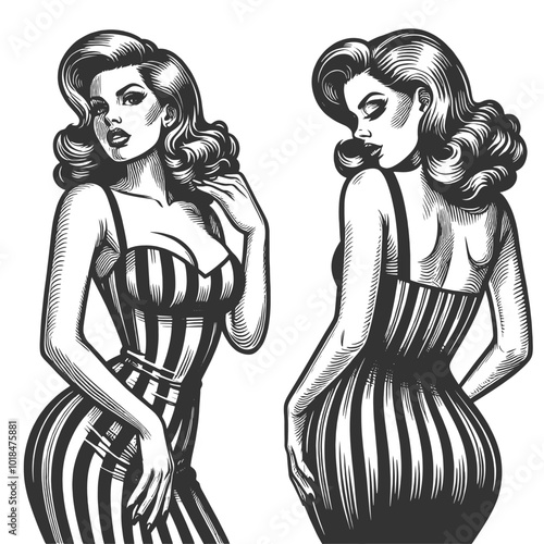 glamorous woman in form-fitting striped dress, confident and seductive pose sketch engraving generative ai fictional character vector illustration. Scratch board imitation. Black and white image.