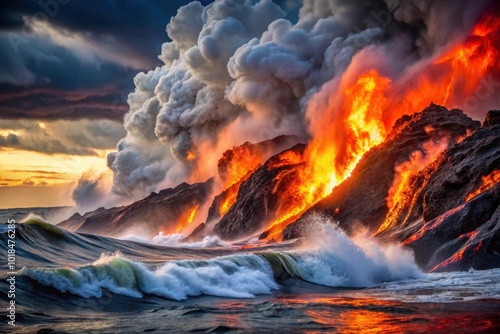 A powerful interaction of jet black and fiery red waves, creating a dramatic visual that mimics the raw energy and beauty of a volcanic eruption