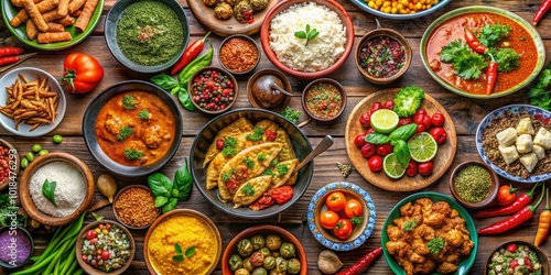 A delightful assortment of colorful ethnic dishes that highlight the richness of various culinary cultures and flavors, celebrating the diversity of global food traditions.