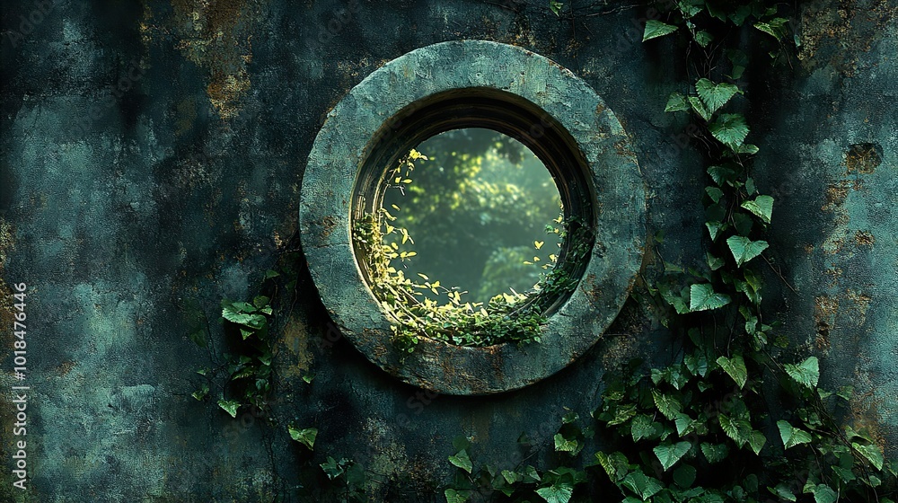 Overgrown Stone Wall With Round Window Overgrown Stone Wall With Round Window