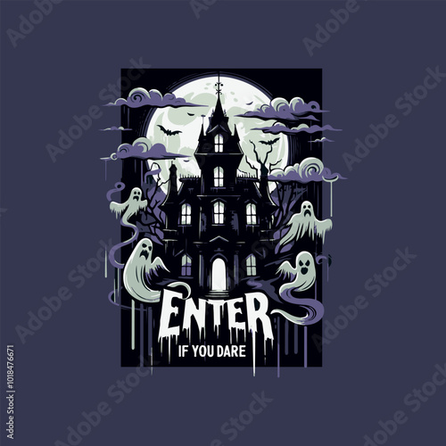 Enter if You Dare quote with hounted mansion illustration Halloween haunted house T-shirt Design, Hand drawn artistic illustration on a clean white background, ideal for spooky t-shirt prints.