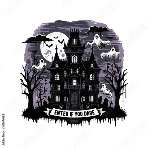 Halloween haunted house T-shirt Design, Hand drawn artistic illustration on a clean white background, Icon Concept isolated. High-quality vector artwork, ideal for spooky t-shirt prints.
