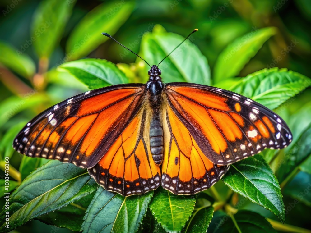 Admire this captivating side view of a Monarch Butterfly, its vivid orange and black wings contrasting beautifully against the lush green foliage surrounding it. Admire this captivating side view of a Monarch Butterfly, its vivid orange and black wings contrasting beautifully against the lush green foliage surrounding it.