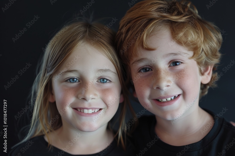 Portrait of two smiling little girls on dark background. Close up. Portrait of two smiling little girls on dark background. Close up.