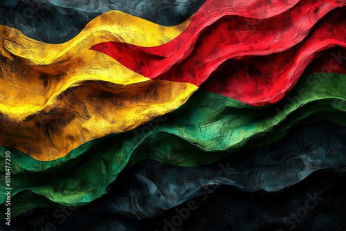 Waving Abstract Flag with Yellow, Red, Green, and Black Stripes photo