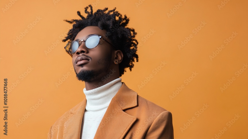 Stylish portrait of a young man with natural hair wearing sunglasses, a white turtleneck, and camel coat against an orange background, exuding confidence and modern fashion. Stylish portrait of a young man with natural hair wearing sunglasses, a white turtleneck, and camel coat against an orange background, exuding confidence and modern fashion.