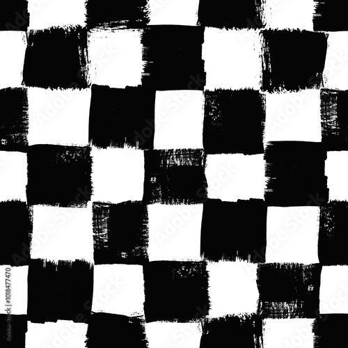 Vector checkerboard pattern. Seamless black and white brush stroke background. Checkered print with distress texture. Painted chequered ornament for kids. Childish design
