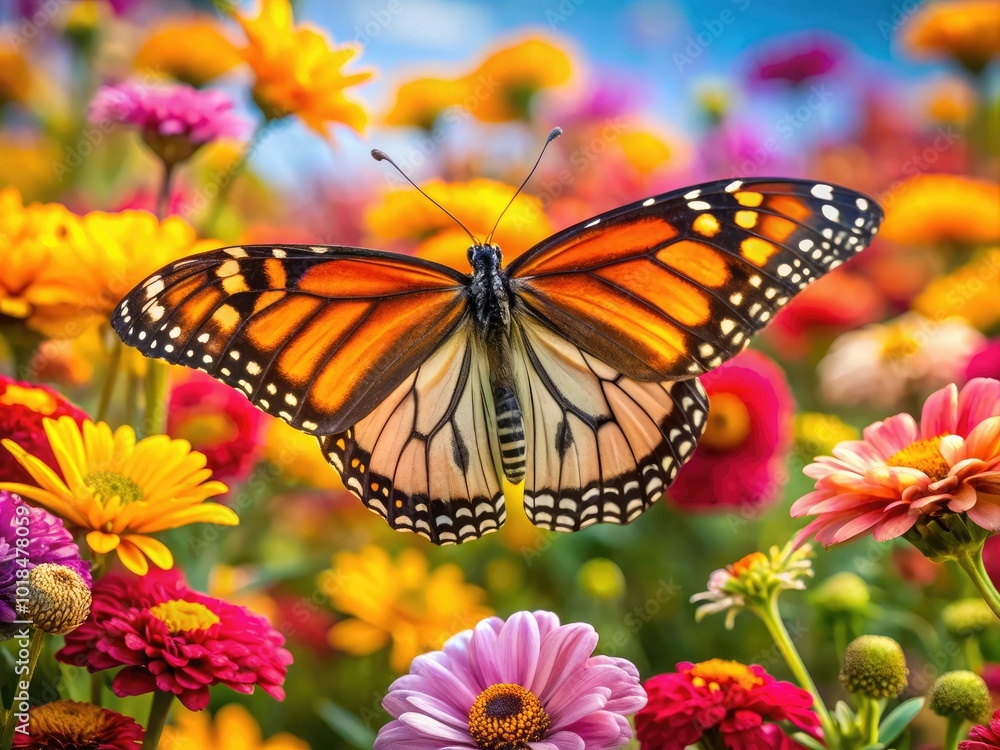 Fototapeta premium A graceful monarch butterfly with transparent wings flits effortlessly through a lush garden filled with vivid blossoms, creating a mesmerizing dance of color and beauty.