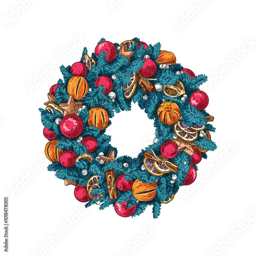 Hand drawn New Year and Christmas wreath made of blue fir branches with red balls, dried oranges and cinnamon