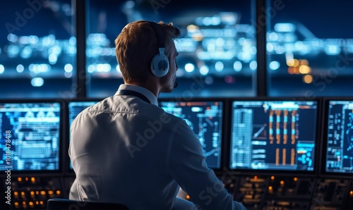 Man in headset monitors screens in dark room. photo