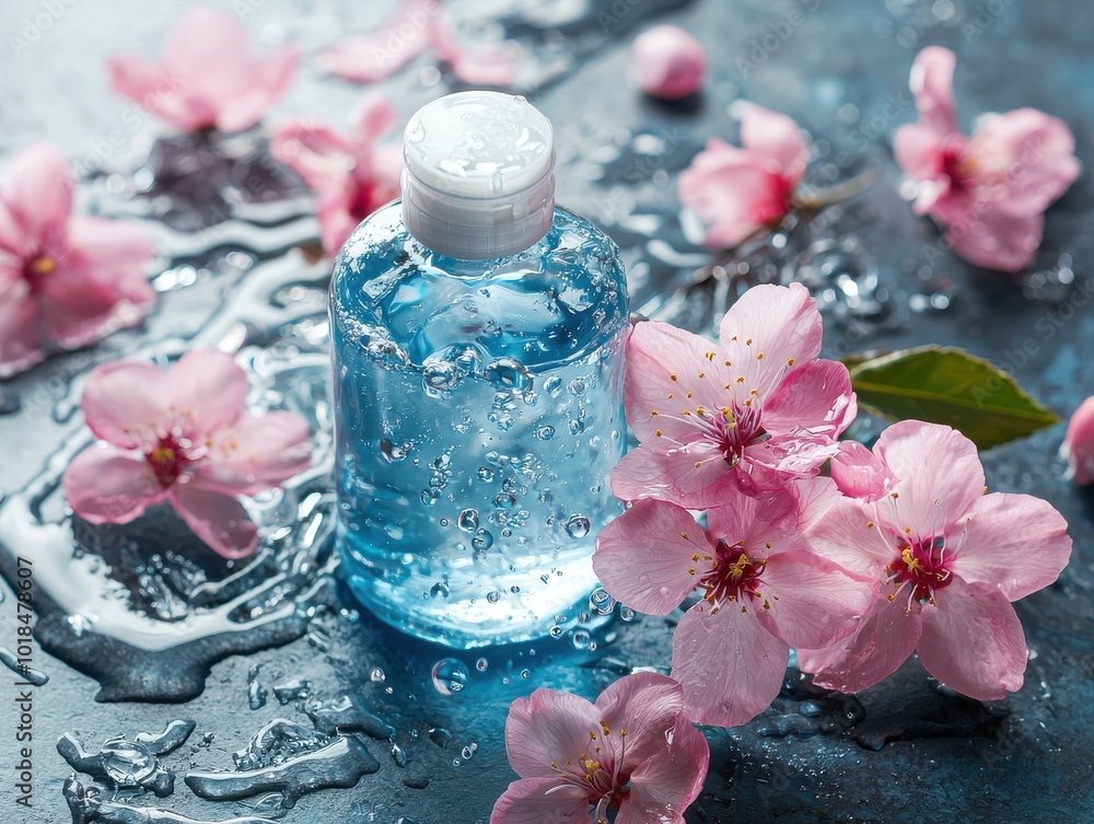 Blue liquid bottle surrounded by pink flowers on wet surface. Blue liquid bottle surrounded by pink flowers on wet surface.