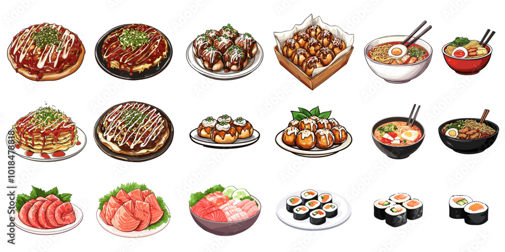 Set of Asian Japanese cuisine food. traditional meal cartoon vector collection. isolated on white. Set of Asian Japanese cuisine food. traditional meal cartoon vector collection. isolated on white.