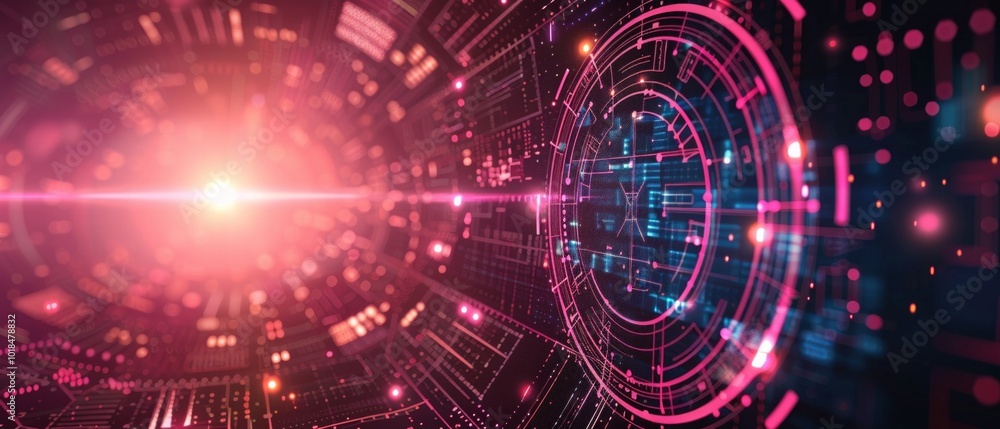 Fototapeta premium An abstract digital image with vibrant colors, geometric shapes, futuristic theme. Central circular formation, pink/blue lights, space ambiance, tech interface elements, hexagon patterns.