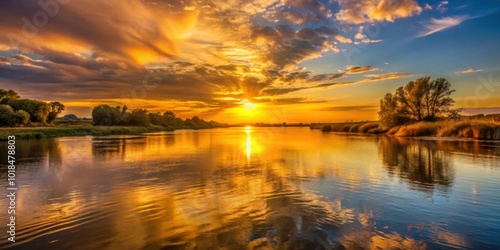 Sunset casting a golden glow on a tranquil river , river, water, evening, reflection, nature, outdoors, peaceful, calm, dusk