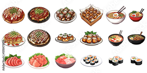 Set of Asian Japanese cuisine food. traditional meal cartoon vector collection. isolated on white.