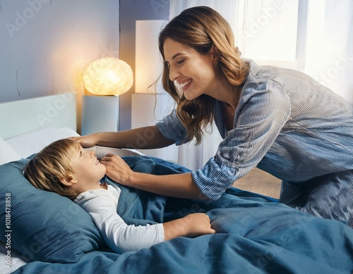 Mother tucking in child at bedtime, happy