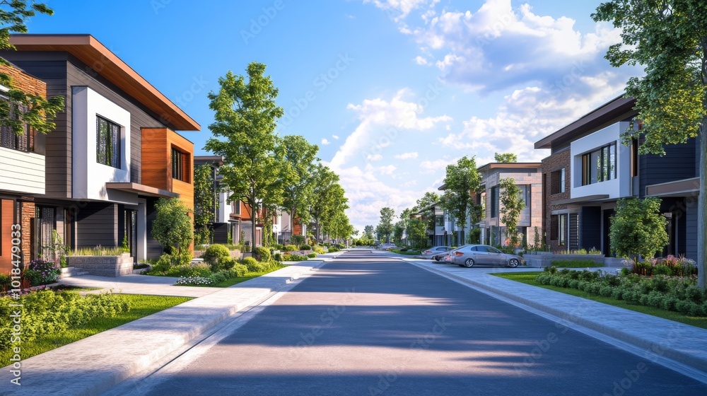 Modern Homes Lined Up on a Residential Street with Lush Greenery Modern Homes Lined Up on a Residential Street with Lush Greenery